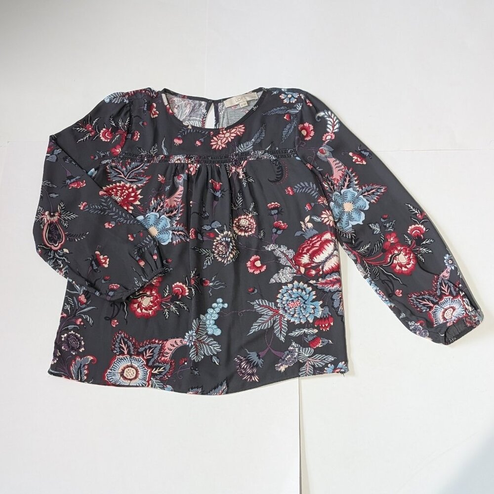 Loft Dark Grey/Purplish Floral Peasant Sleeve Yoke Seam Shirt, Size SP